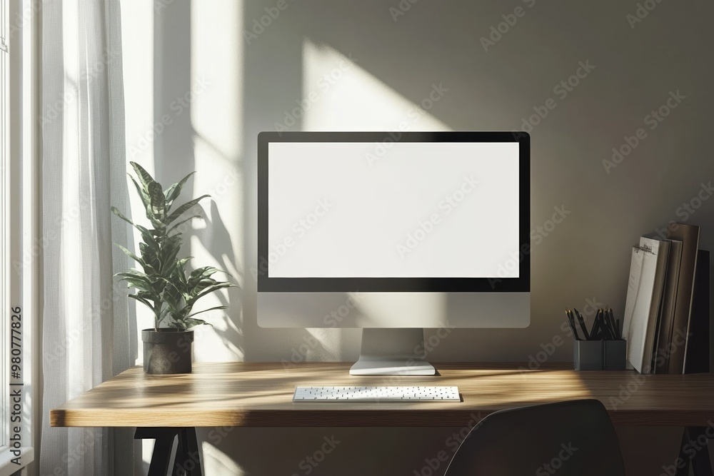 A computer monitor with a blank white screen on a wooden desk, accompanied by a potted plant, keyboard, and office supplies, illuminated by soft, natural light from a nearby window A computer monitor with a blank white screen on a wooden desk, accompanied by a potted plant, keyboard, and office supplies, illuminated by soft, natural light from a nearby window