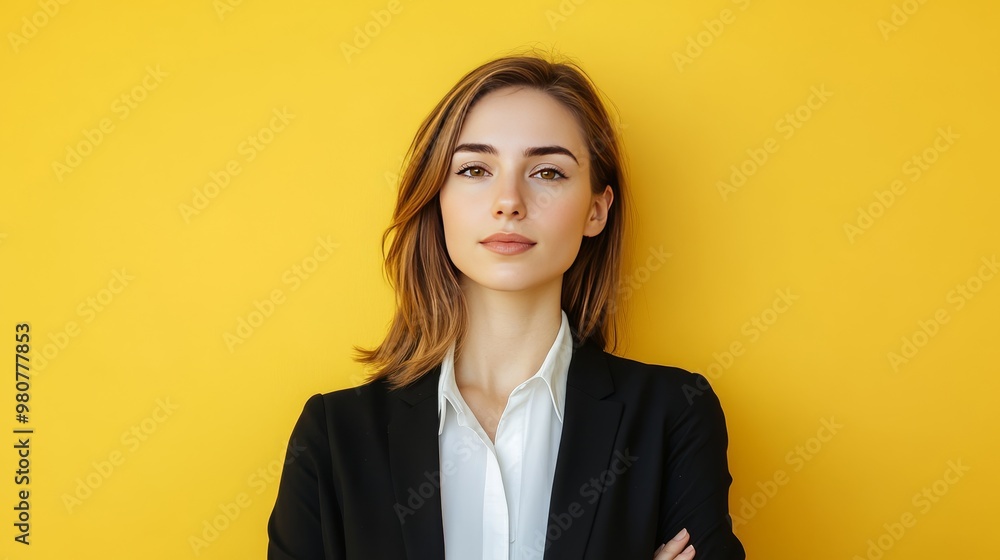 Elegant Caucasian businesswoman against the backdrop of yellow in the studio Elegant Caucasian businesswoman against the backdrop of yellow in the studio