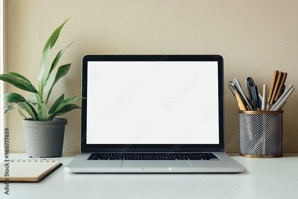 A laptop with a blank white screen on a minimalist desk, accompanied by a small potted plant, a notebook, and a pen holder, creating a clean and organized workspace atmosphere A laptop with a blank white screen on a minimalist desk, accompanied by a small potted plant, a notebook, and a pen holder, creating a clean and organized workspace atmosphere