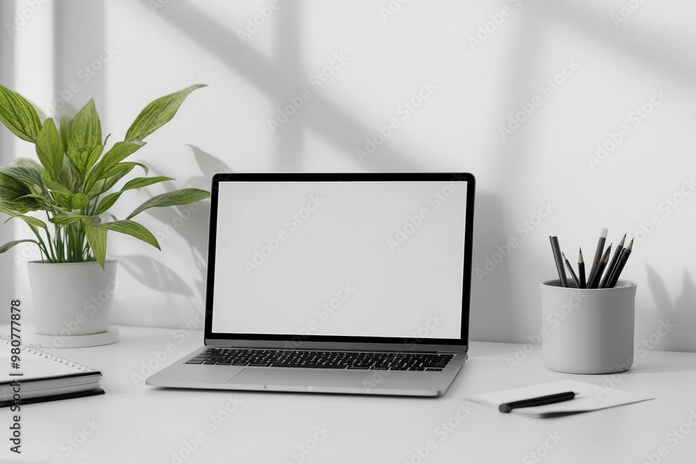 A laptop with a blank screen on a clean, minimalist desk setup, featuring a potted plant and a cup of pencils, bathed in natural sunlight casting soft shadows A laptop with a blank screen on a clean, minimalist desk setup, featuring a potted plant and a cup of pencils, bathed in natural sunlight casting soft shadows
