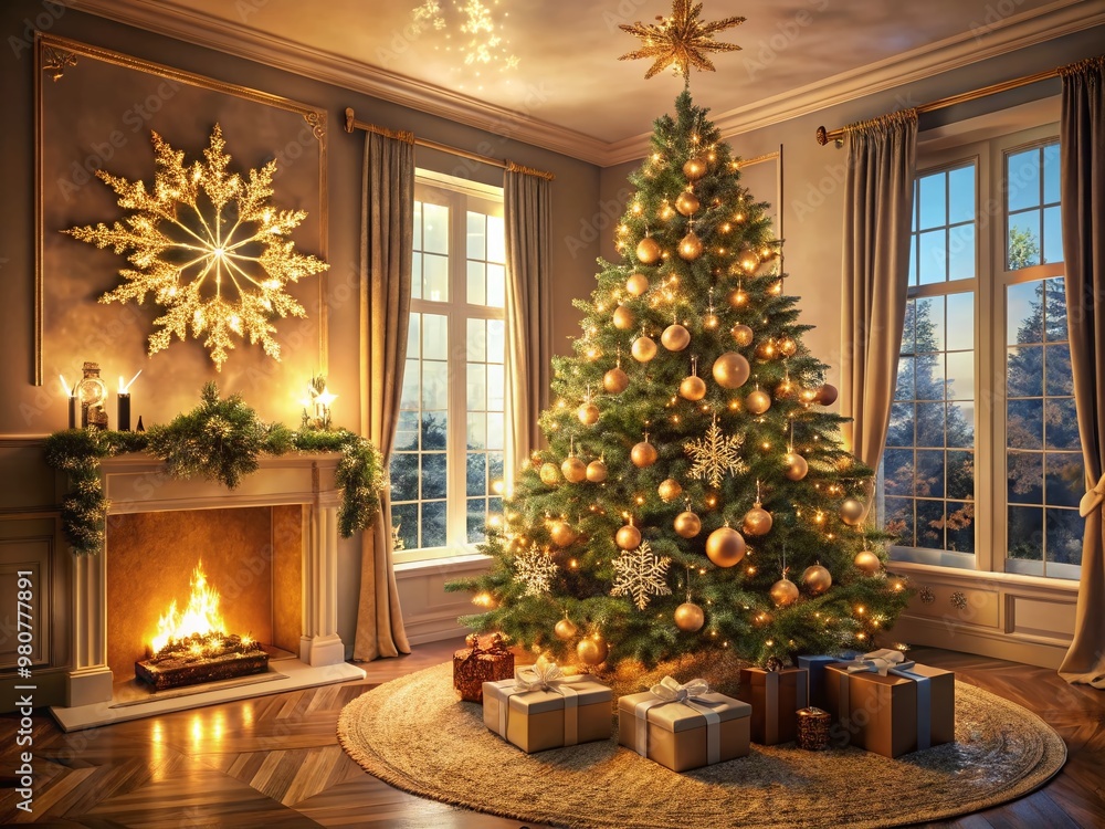 A majestic, snowflake-ornamented Christmas tree stands tall, adorned with twinkling lights, garlands, and baubles, A majestic, snowflake-ornamented Christmas tree stands tall, adorned with twinkling lights, garlands, and baubles,