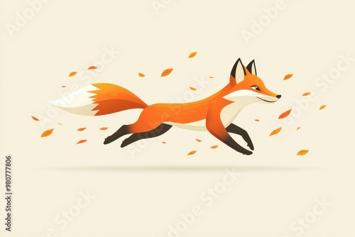 Whimsical illustration of a running fox in autumn leaves