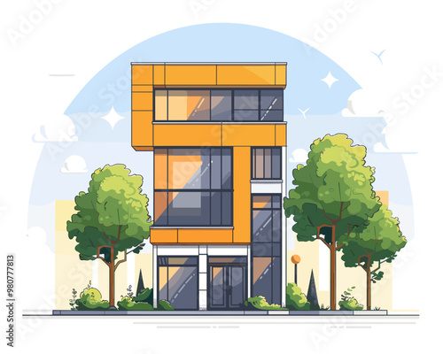 Vector illustration of a modern apartment building on a background of green trees
