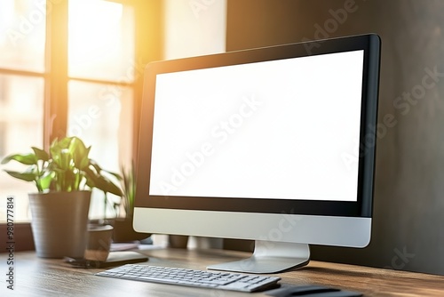 A desktop setup with a computer monitor displaying a blank white screen, accompanied by a keyboard and a plant, illuminated by warm natural sunlight from a nearby window