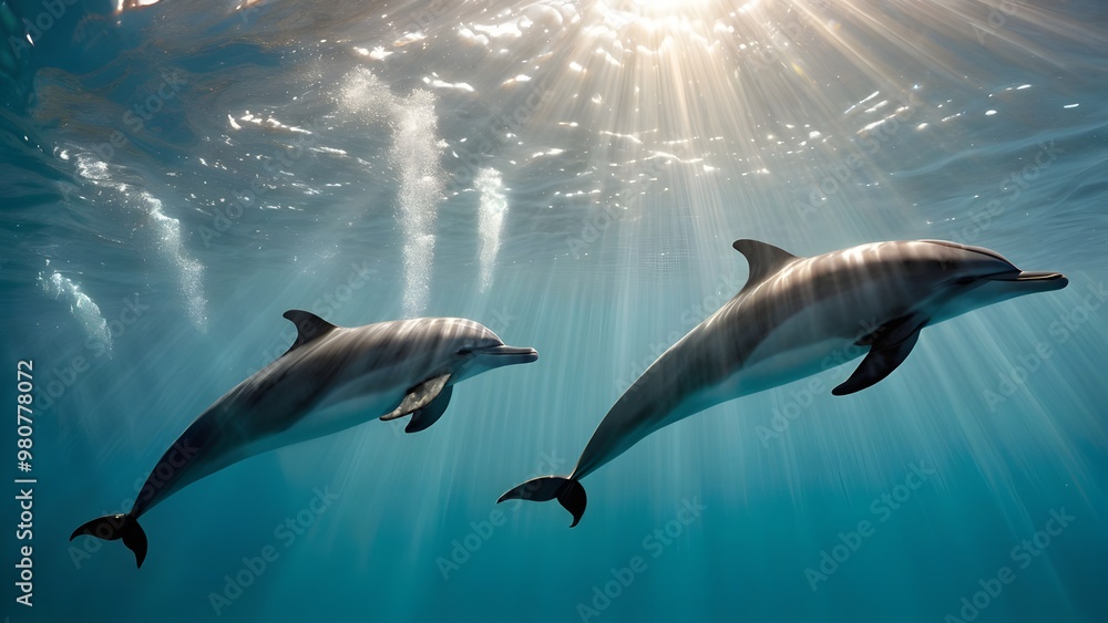 Obraz premium Shafts of sunlight break through the water’s surface, casting soft, wavy light patterns onto the dolphins and the seabed. The light reflects off the bubbles, making them sparkle as they float around.