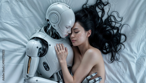 A robot and a woman lie closely together on a bed, with the robot's arm gently wrapped around the woman. Both appear to be at peace, symbolizing a harmonious relationship between human and technology. photo