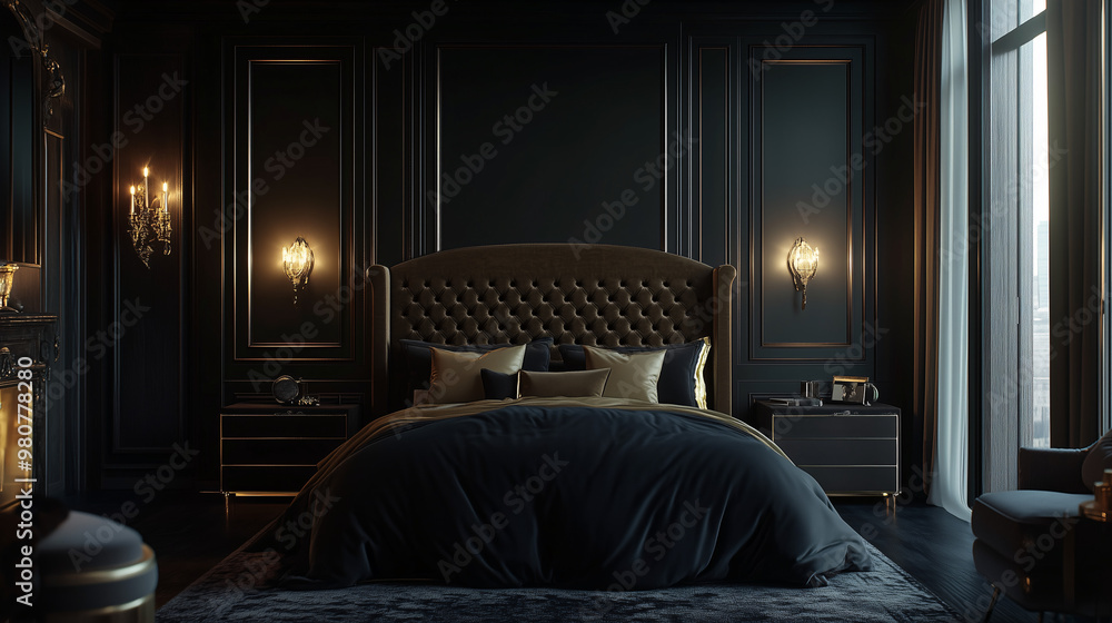 A moody, sophisticated bedroom featuring deep, rich tones, velvet textures, gold accents, and dramatic lighting for a high-fashion vibe A moody, sophisticated bedroom featuring deep, rich tones, velvet textures, gold accents, and dramatic lighting for a high-fashion vibe