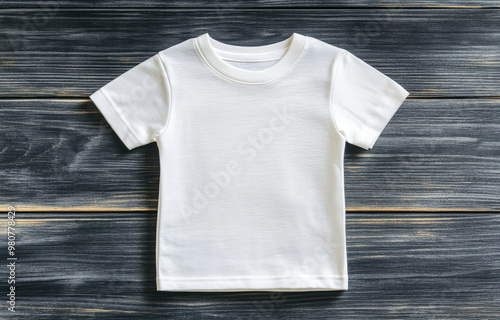 White t-shirt mockup on a dark wood background, flat lay. Flat lay of a white blank shirt for a kids' design template, a fashion cloth concept. Created with Ai
