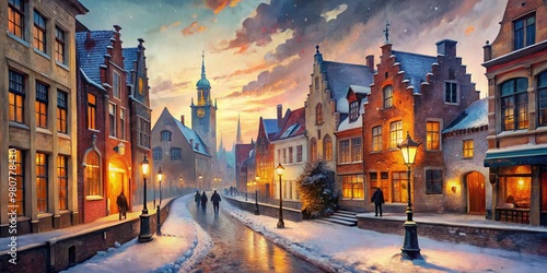 Watercolor painting of a winter street in the old town of Bruges, Belgium, town in the evening, impressionism oil painting, AI Generated