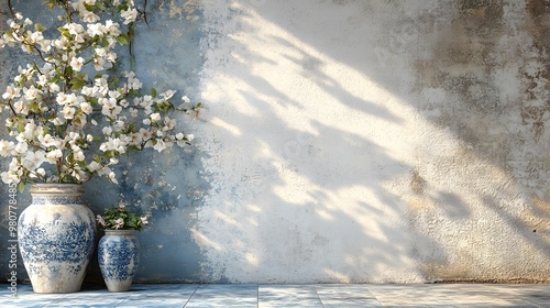 White Blossoms in Blue and White Vases Against a Weathered Wall photo