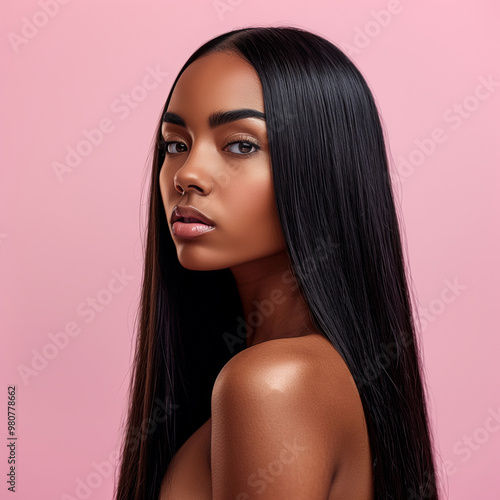 Beauty portrait black woman with sleek long hair against a pink background