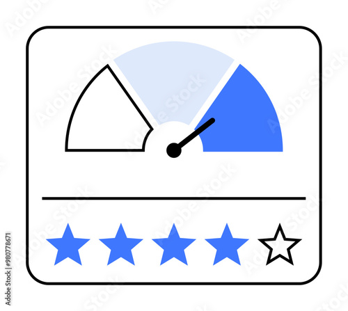 Speedometer showing user feedback with four blue stars and one white star below it, indicating a 4 out of 5 rating. Ideal for customer satisfaction, reviews, performance, quality, evaluation. Clean, m