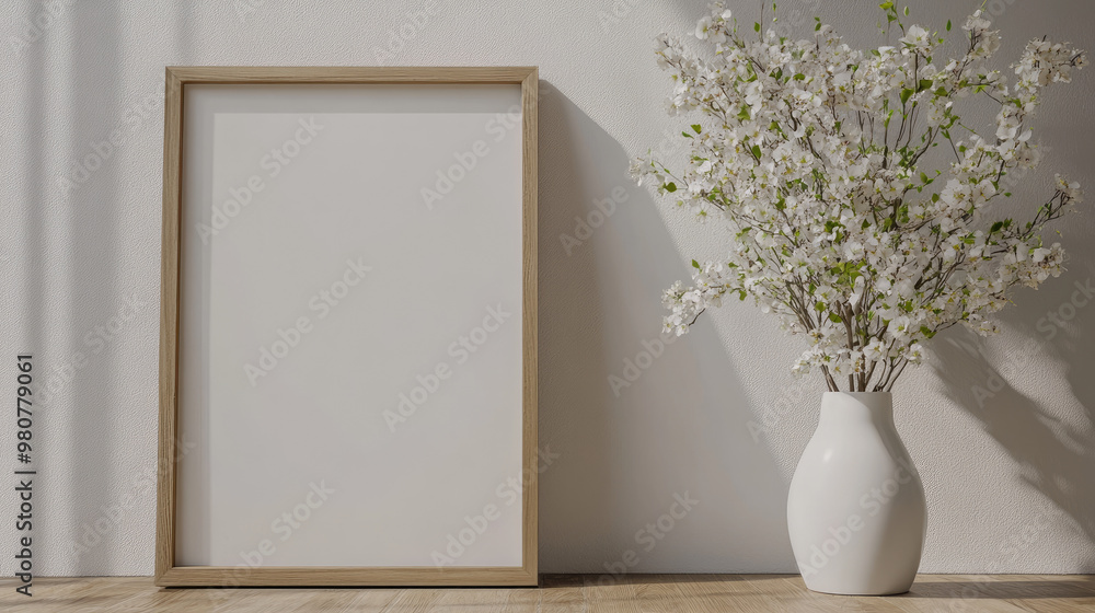 3D rendering of an empty wooden frame mockup leaning against the wall, next to it is a vase with white flowers. Created with Ai 3D rendering of an empty wooden frame mockup leaning against the wall, next to it is a vase with white flowers. Created with Ai