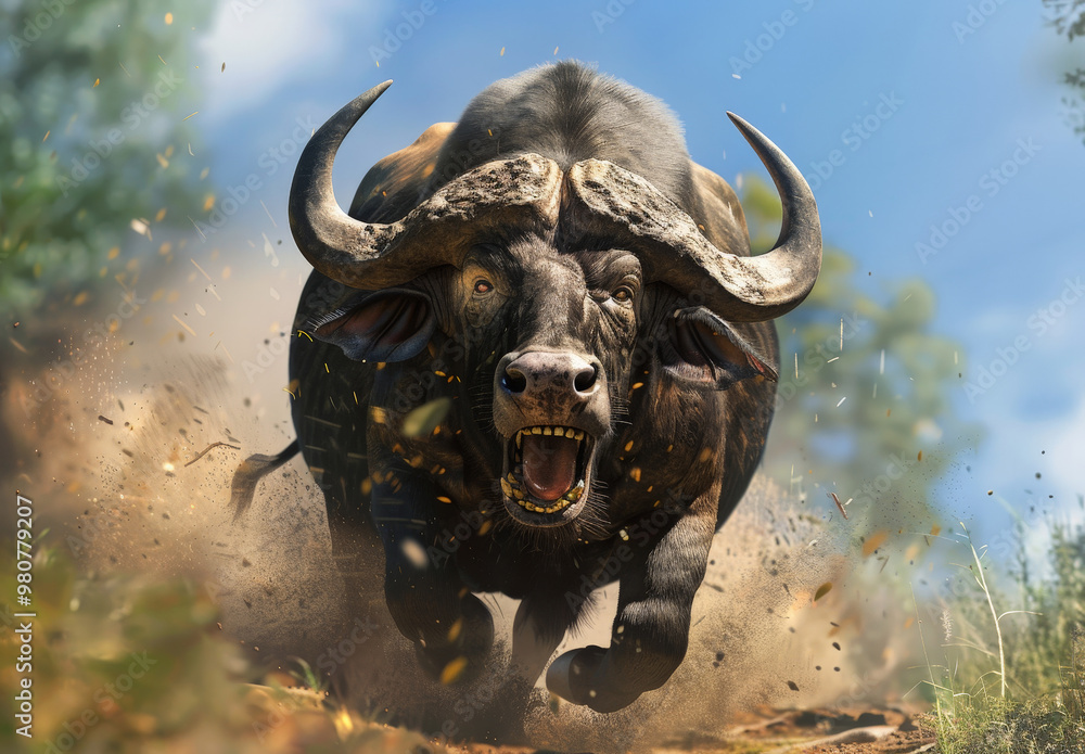Naklejka premium Angry Charging Water Buffalo Kicking Up Dust in a Forest Environment