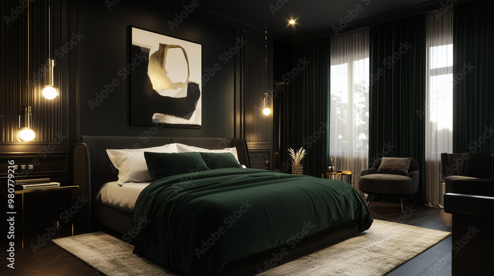 A moody, sophisticated bedroom featuring deep, rich tones, velvet textures, gold accents, and dramatic lighting for a high-fashion vibe A moody, sophisticated bedroom featuring deep, rich tones, velvet textures, gold accents, and dramatic lighting for a high-fashion vibe