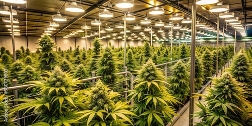 Rows of lush, green, ripe medical marijuana branches thrive in a state-of-the-art indoor cultivation facility, pristinely lit and meticulously maintained for optimal growth. photo