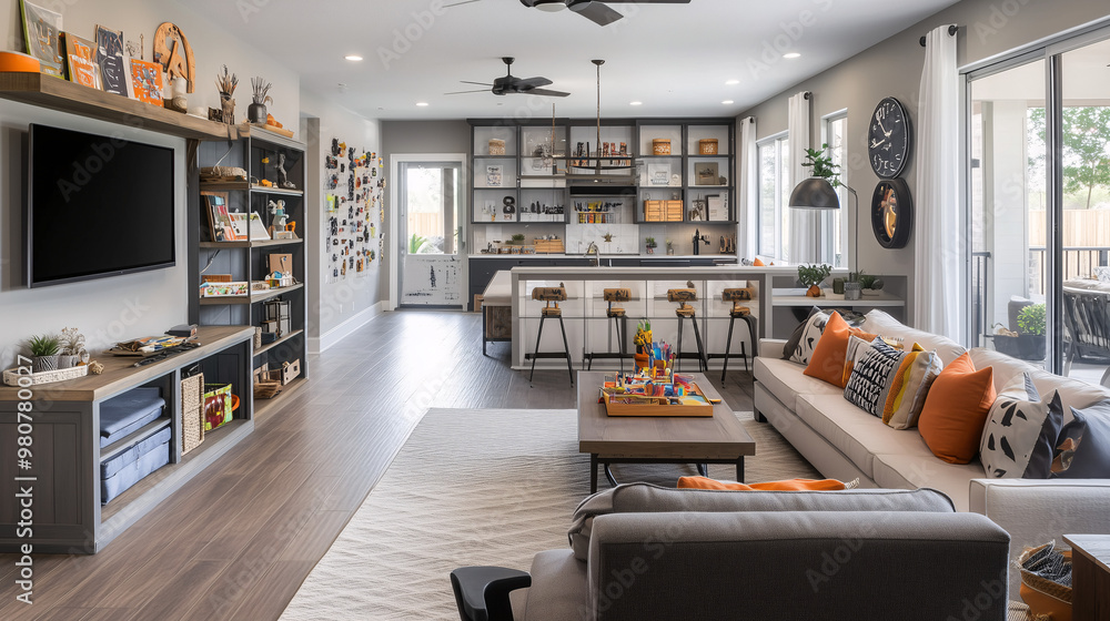 A multifunctional family room with an open floor plan, blending a media area with a craft corner for kids, while maintaining a stylish, clutter-free aesthetic A multifunctional family room with an open floor plan, blending a media area with a craft corner for kids, while maintaining a stylish, clutter-free aesthetic