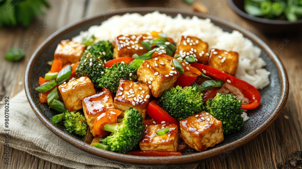 A delicious plate of tofu stir-fry with vibrant vegetables, served with fluffy rice. Perfect for a healthy meal option. A delicious plate of tofu stir-fry with vibrant vegetables, served with fluffy rice. Perfect for a healthy meal option.