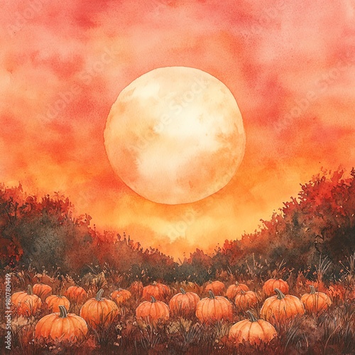 A serene autumn landscape featuring pumpkins against a vibrant sunset sky, capturing the essence of harvest season. photo