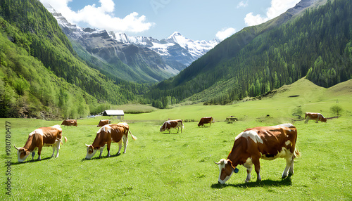 Cows peacefully grazing in the high mountain pasture, embracing the natural beauty