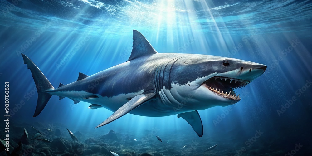 Fototapeta premium A massive ancient shark, megalodon, swims through a dark blue ocean, its massive jaws open wide, revealing rows