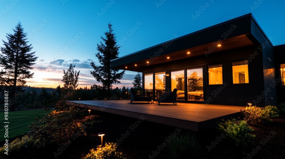 Modular home with geometric concrete walls, sleek wooden deck, soft lighting, Modern architecture, minimalistic, dusk ambiance, wide-angle shot, soft shadows, muted earth tones Modular home with geometric concrete walls, sleek wooden deck, soft lighting, Modern architecture, minimalistic, dusk ambiance, wide-angle shot, soft shadows, muted earth tones