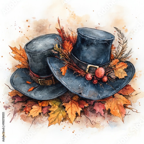 Charming watercolor painting of two hats adorned with autumn leaves and berries, perfect for seasonal decor or nature themes. photo