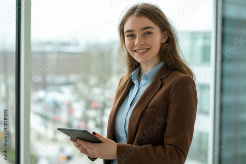 A young woman in a brown jacket is smiling and holding a tablet