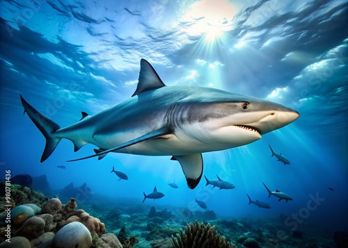 Wallpaper Mural A menacing grey reef shark swims through the blue ocean waters, its powerful tail and sharp teeth evident Torontodigital.ca