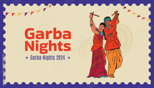 Happy Navratri text with Gujarati couple playing Dandiya dance vector illustration, a garba night poster for the Navratri Dussehra festival of India.