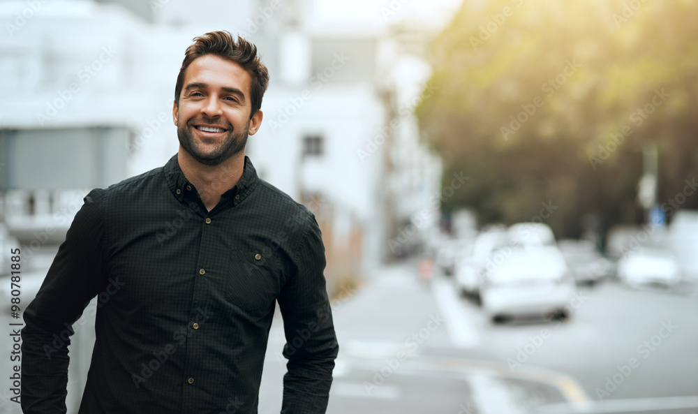 Smile, man and road for travel in city on vacation, explore outdoor and sidewalk commute to destination. Happy, male person and confidence for stylish clothes, building and sightseeing of holiday Smile, man and road for travel in city on vacation, explore outdoor and sidewalk commute to destination. Happy, male person and confidence for stylish clothes, building and sightseeing of holiday