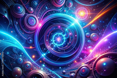 A mesmerizing futuristic digital artwork features vibrant, swirling blue and purple neon lights, abstract shapes, and