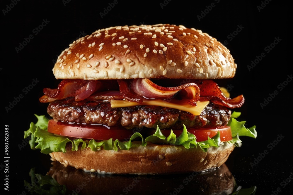 Fresh Gourmet Cheeseburger with Lettuce, Tomato, Onion, and Pickles on a Sesame Bun Fresh Gourmet Cheeseburger with Lettuce, Tomato, Onion, and Pickles on a Sesame Bun
