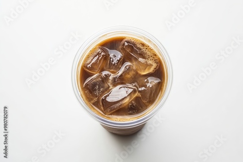 Takeaway plastic cup with iced cold coffee drink isolated on white background, Top view , ai