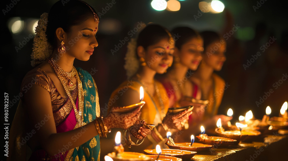 Indian women light candles during diwali festival Indian women light candles during diwali festival