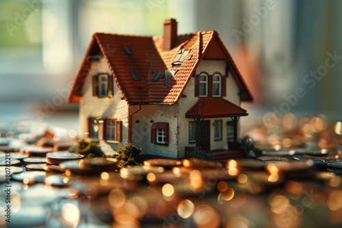Wallpaper Mural A miniature house surrounded by coins symbolizing home investment and financial planning in a well-lit indoor setting Torontodigital.ca