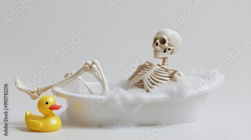 a skeleton having a bubble bath with a rubber duck photo