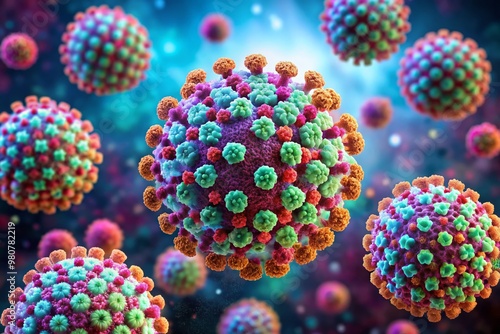 A microscopic view of human papillomavirus (HPV) particles, showcasing the icosahedral structure and surface proteins, photo