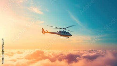 "Helicopter Flying Above Clouds at Sunset"