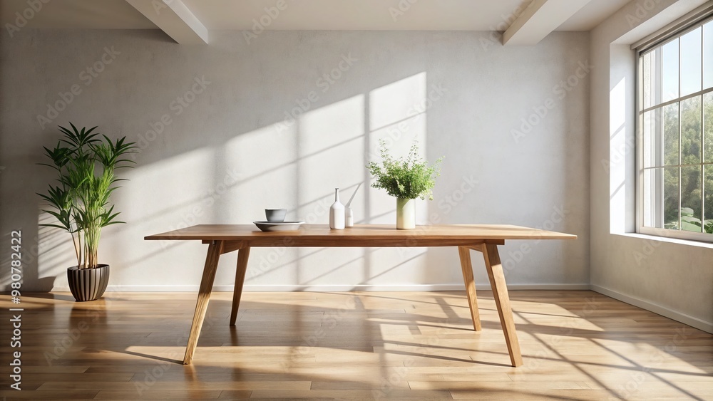 Fototapeta premium A minimalist, rustic wooden table stands alone in a bright, airy room with subtle shadows, creating a sense