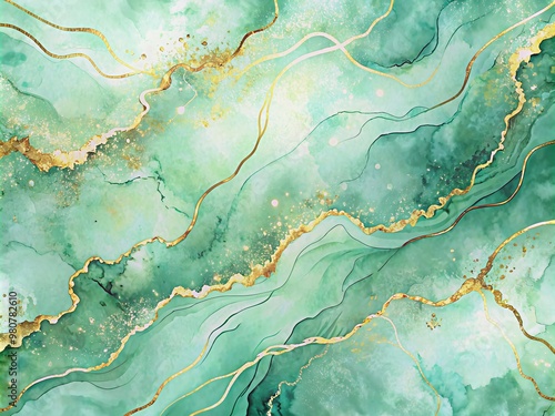 Soft pastel green aquamarine watercolor background features golden lines, fluid marbled paper texture, and a subtle liquid effect, creating a dreamy, ethereal illustration.