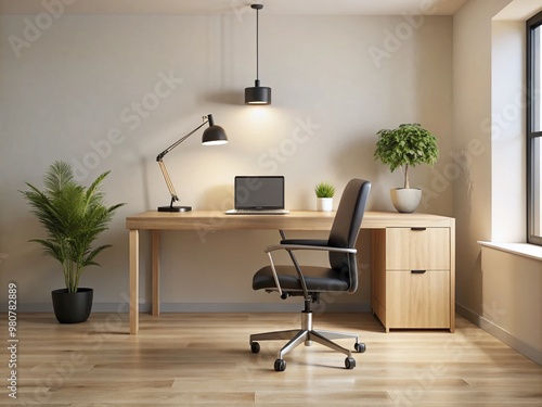 A modern, minimalist office space with a sleek, black abbess chair, accompanied by a wooden desk, and surrounded photo