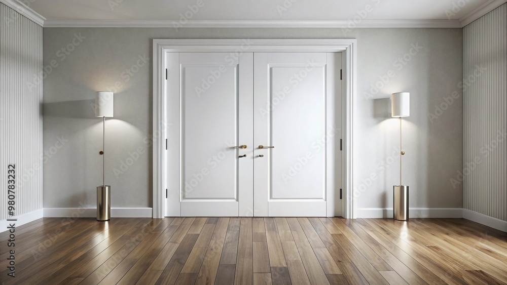 A modern, sleek, white interior space featuring two adjacent doors with polished chrome handles, contrasting with a A modern, sleek, white interior space featuring two adjacent doors with polished chrome handles, contrasting with a
