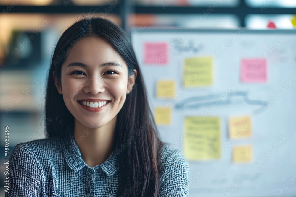 A cheerful woman smiles confidently in an office setting, surrounded by colorful sticky notes and a creative workspace. A cheerful woman smiles confidently in an office setting, surrounded by colorful sticky notes and a creative workspace.