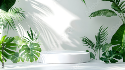white podium with tropical leaves on a white background
