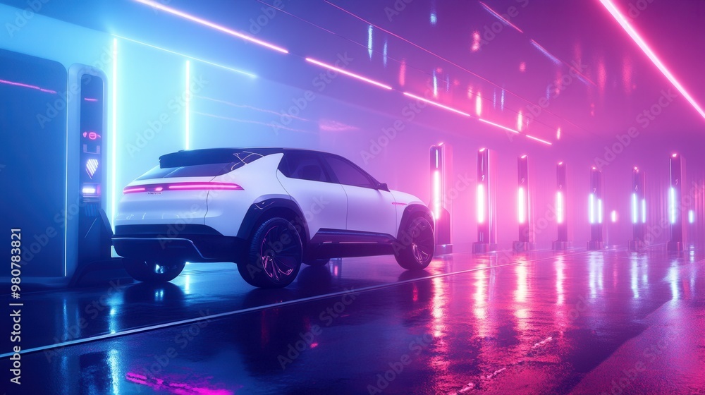 Futuristic Electric Vehicle in Neon Lighting Environment Futuristic Electric Vehicle in Neon Lighting Environment