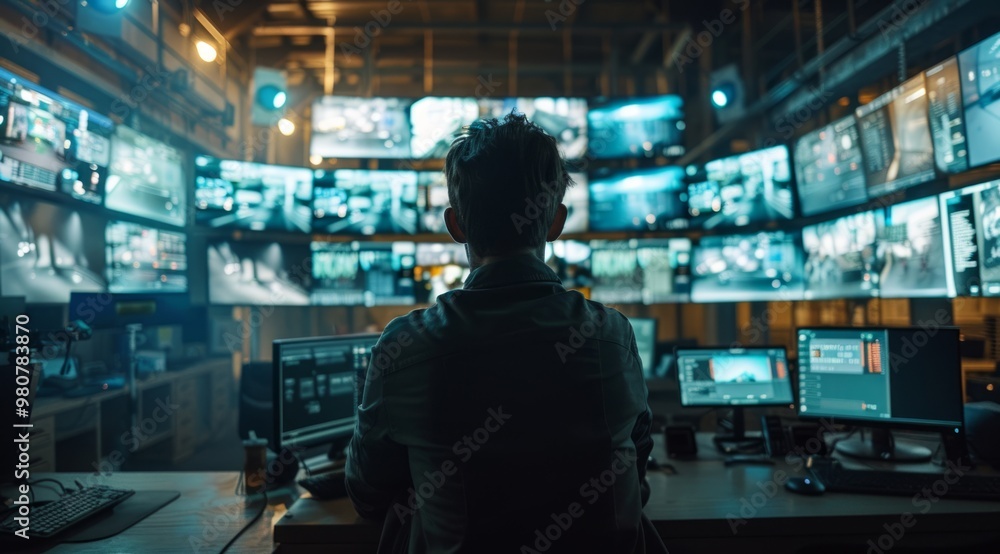 Technician working diligently in a high-tech control room surrounded by multiple screens displaying surveillance footage at night Technician working diligently in a high-tech control room surrounded by multiple screens displaying surveillance footage at night