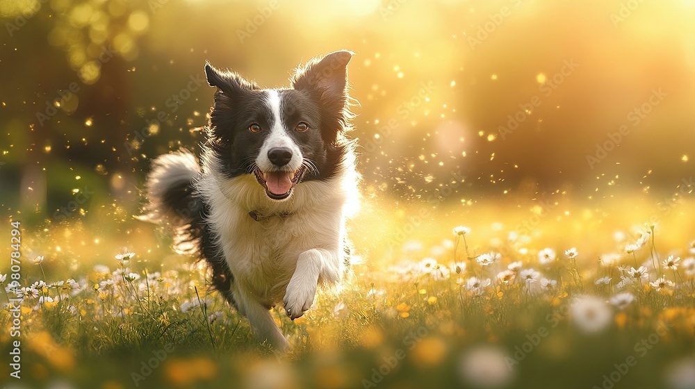 Happy Dog Running Through a Sunny Flower Field Happy Dog Running Through a Sunny Flower Field