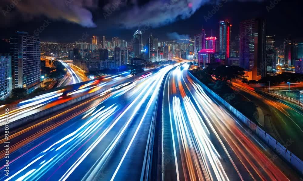 traffic on highway in the city at night