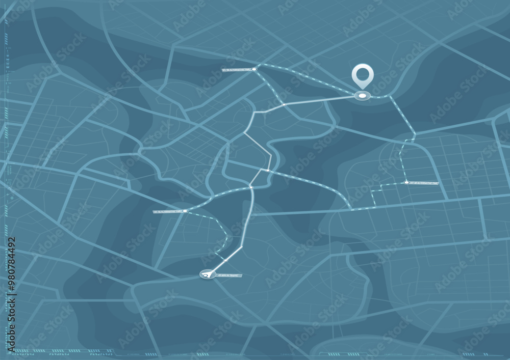 Fototapeta premium Concept of shortest path to the goal. Abstract navigation plan on city map. Isometric map with intended goal and several paths to destiny. Vector illustration